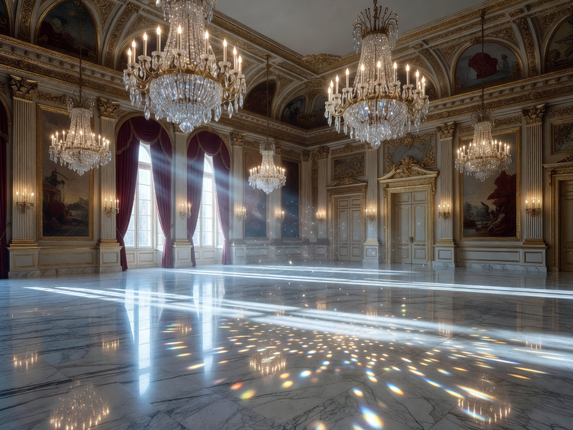 Elegant grand ballroom with polished marble floors, crystal chandeliers and moonlight