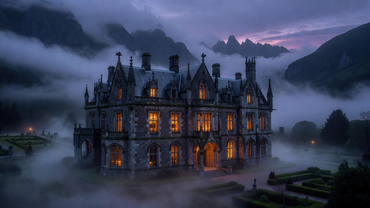 A magnificent aristocratic manor surrounded by misty mountains and illuminated windows