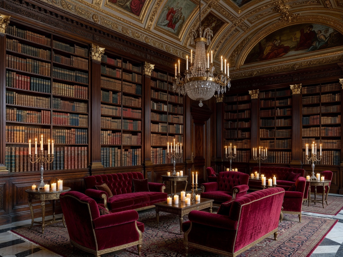 Breathtaking royal library with towering bookshelves, velvet furniture and soft candlelight